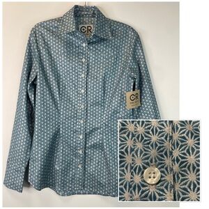 CR Ranchwear Metallic Silver and Blue Geometric Long Sleeve in Sz: XS